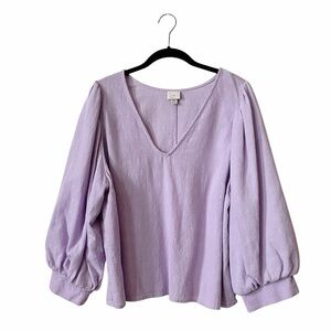 A New Day Top Womens XXL Lavender Puff 3/4 Sleeve V Neck Cotton Gauze Boho Light